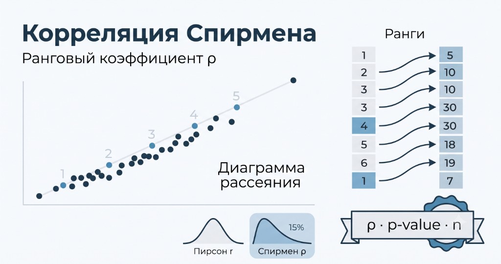 Корреляция Спирмена (ρ): расчёт и отличие от Пирсона
